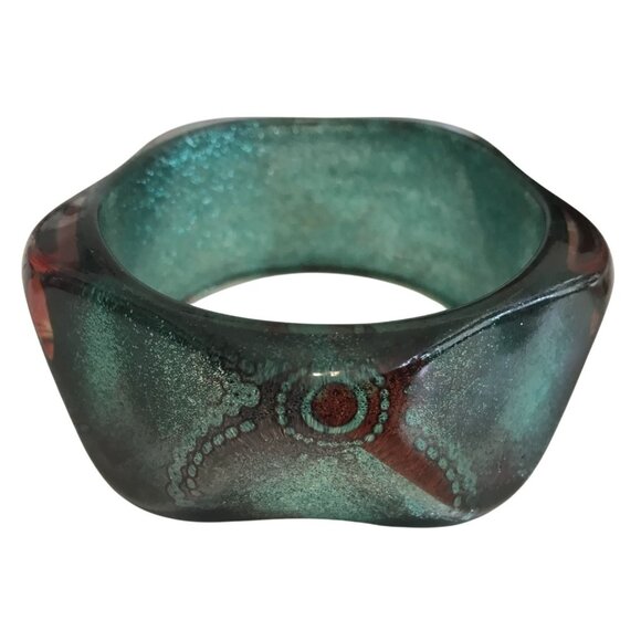 Peacock Lucite Statement Bangle Bracelet Swirled Glitter Green Red Geometric MCM - Picture 1 of 11
